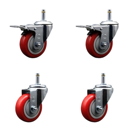 Service Caster 3.5'' Red Poly Wheel Swivel 7/16'' Stem Caster Set 2 Total Lock Brake, 4PK SCC-GRTTL20S3514-PPUB-RED-716138-2S2